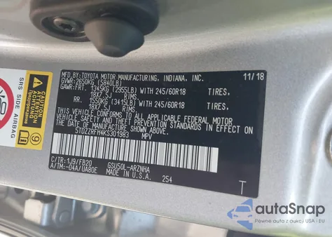 2019 Toyota Highlander Le z USA, uszkodzony, nr VIN 5TDZZRFH4KS301983